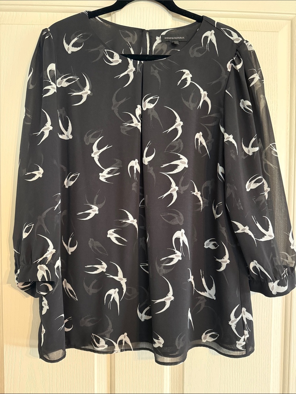 Banana Republic Black Blouse with Cream Swallow Print